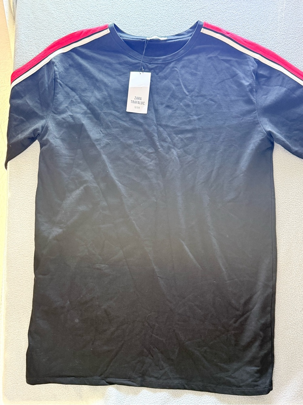 Zara Black Short-Sleeve Crewneck Tee with Red & White Shoulder Stripes